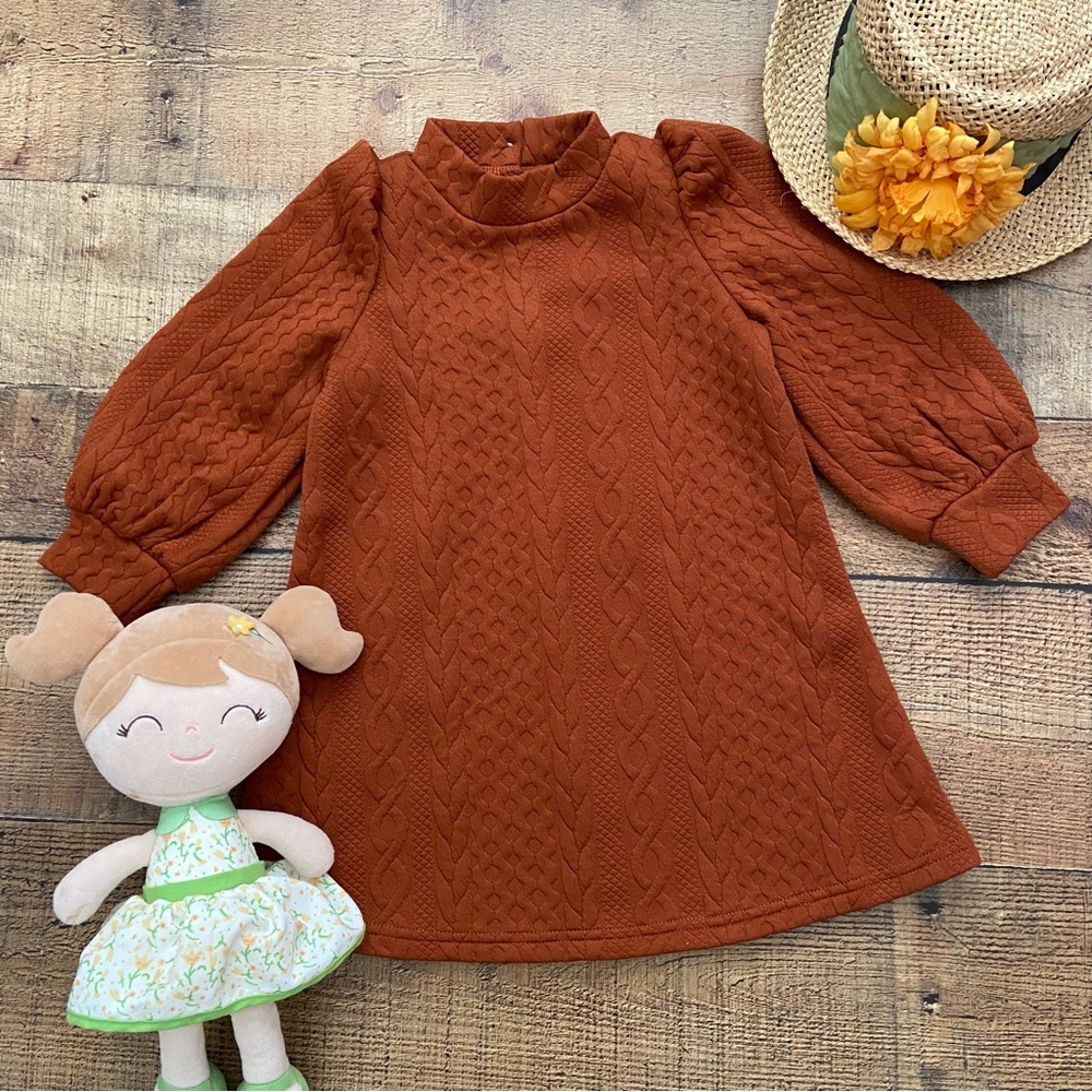 Dress Adorable Knit Rust Puff Sleeve Mock Neck Dress - Picture 2 of 10